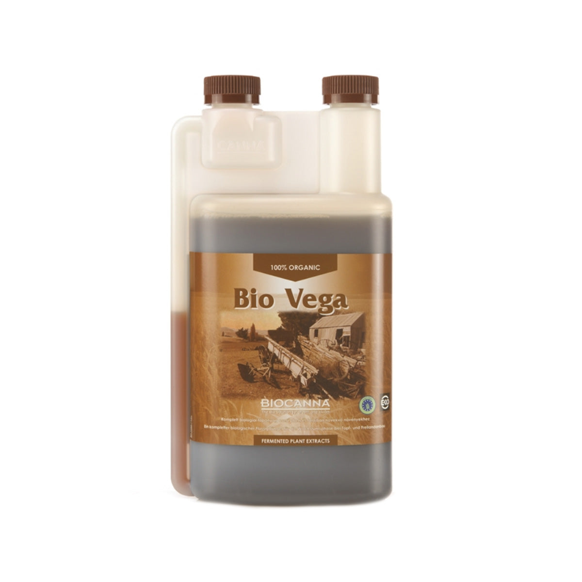 BIOCANNA Bio Vega Bio-Dünger von der Marke BIOCANNA. Das Produkt ist in einem milchig-transparenten Kunststoffbehälter vor einem weißen Hintergrund.