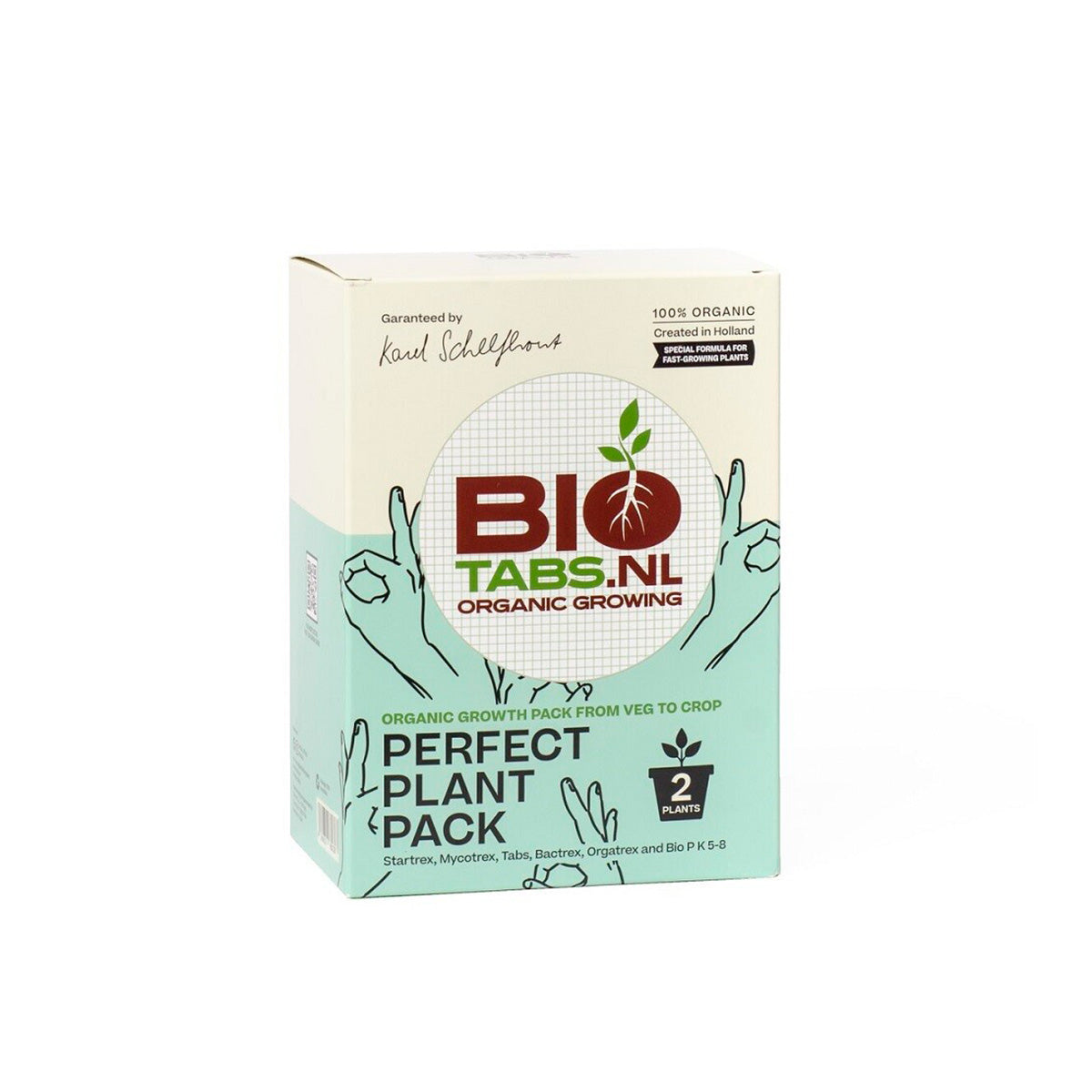 Das Produkt ist in einer Kartonverpackung, welche die Farben türkis und cremeweiß hat und ist von der Marke BIO Tabs. Auf einem weißen Hintergrund.