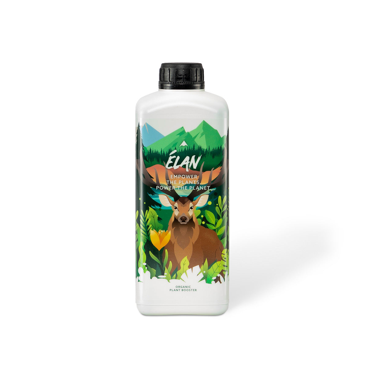 Pflanzenhilfsmittel „Elán“ von der Marke Crazy Hills. Weiße Kunststoffflasche mit buntem Motiv von einem Hirsch im Wald, schwarzer Deckel, vor einem weißen Hintergrund.