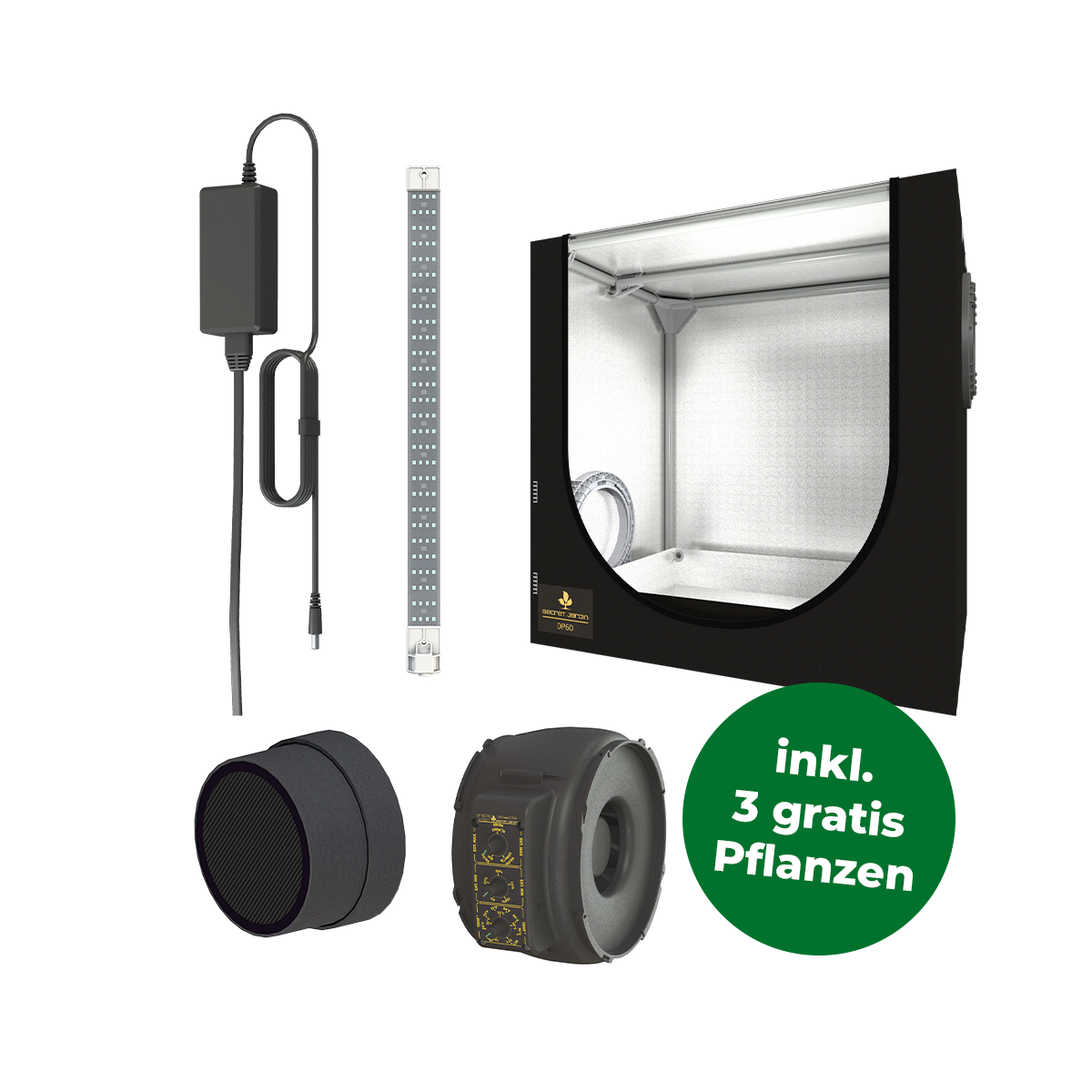 Growzelt Komplettset mit Netzteil und Aufhängung, Filter, Extraktor, LED Beleuchtung. In einem grünen Störer rechts unten steht die Info, dass es gratis drei Pflanzen zum Set dazu gibt.