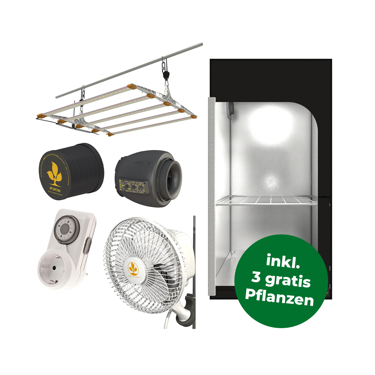 Komplettes Growzelt-Set mit einem Zelt, Extraktor, Filter, Zeitschaltuhr, LED Beleuchtung und Ventilator und einem grünen Störer mit der Info dass es drei gratis Pflanzen dazu gibt.