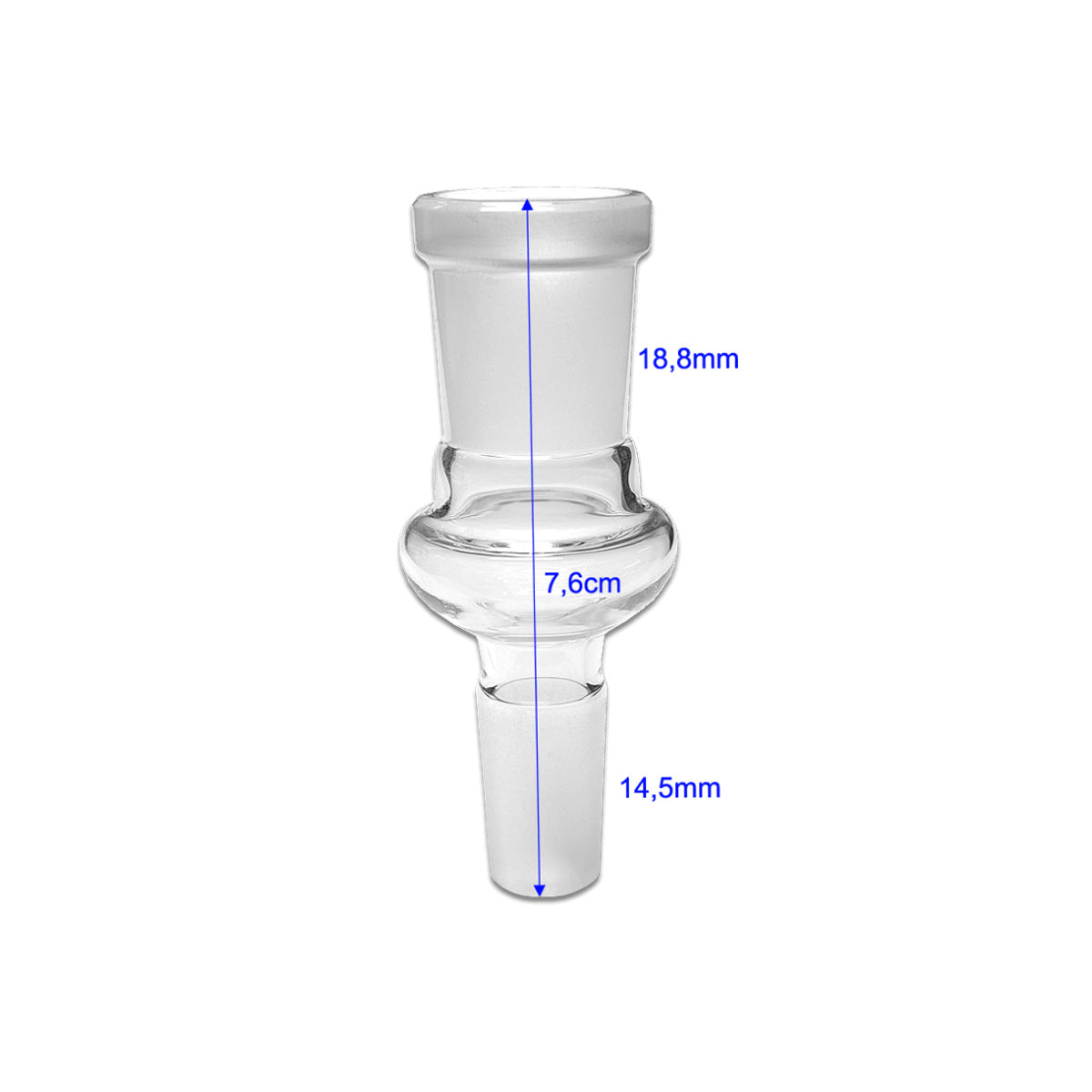 Bong Adapter von der Marke Jelly Joker mit 14,5 auf 18,8mm Funktion und mit Informationen zu der Größe. Aus hochwertigem Borosilikatglas. Auf einem weißen Hintergrund.