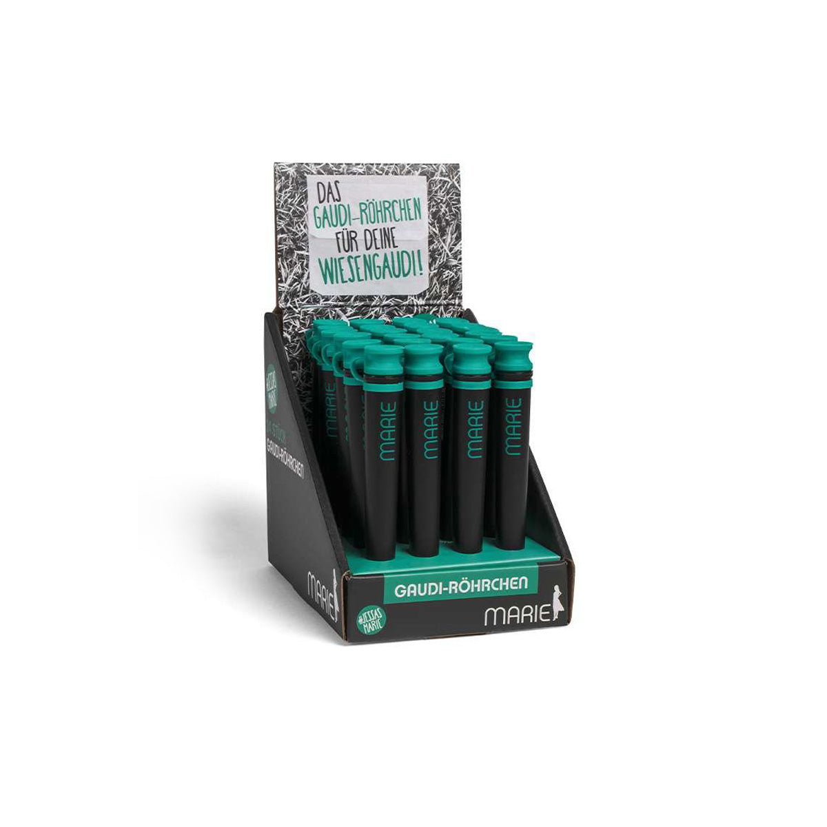 Mehrere Aufbewahrungshüllen für Zigaretten und Joints von der Marke MARIE in einer Kartonhalterung. Das Produkt ist schwarz und türkis, der Hintergrund ist weiß.