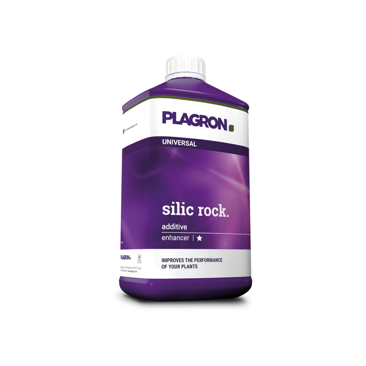 Pflanzenhilfsmittel Silic Rock von der Marke Plagron in einem ein Liter Kunststoffbehälter in der Farbe lila und mit einem Etikett versehen vor einem weißen Hintergrund.
