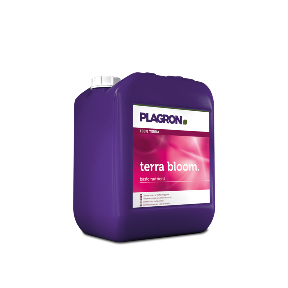 Ein Produktfoto von Terra Bloom von der Marke Plagron. Ein lila Kunststoffbehälter mit einem weißen Deckel, einem rechteckigen Etikett vor einem weißen Hintergrund.