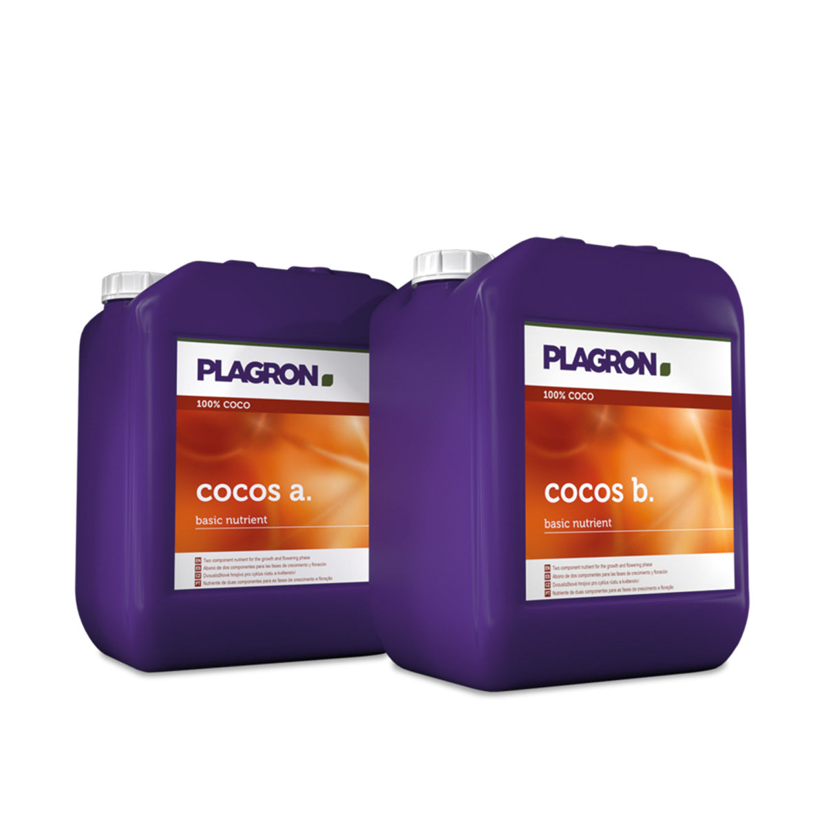 Plagron Cocos A+B Coco-Dünger. Zwei lila fünf Liter Kanister mit orangenem Etikett und weißen Deckeln der Marke Plagron. Auf einem weißen Hintergrund.