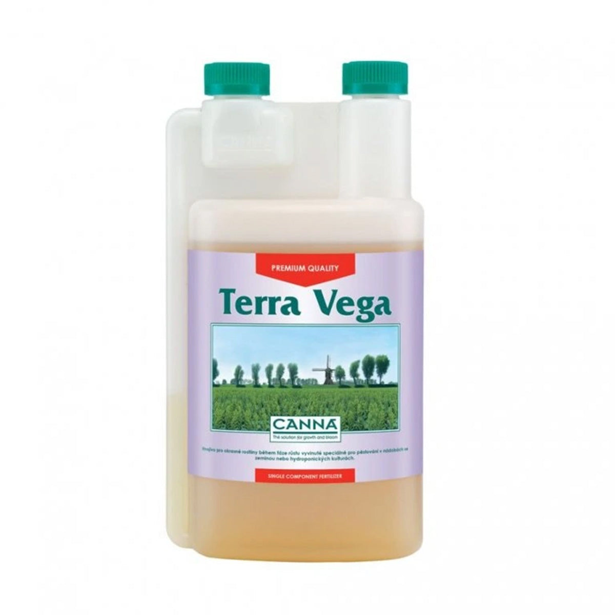 Canna Terra Vega Erde-Dünger von der Marke CANNA. Milchig-transparenter Kunststoffbehälter mit grünem Deckel vor einem weißen Hintergrund. 