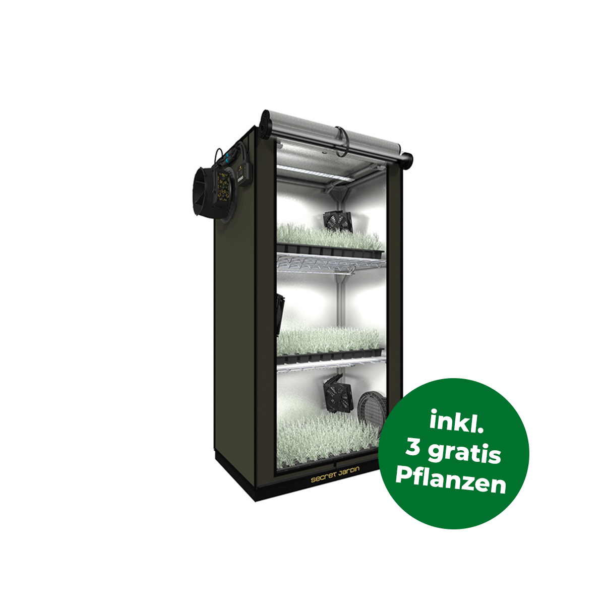 Growzelt von Secret Jardin, geöffnet und voll mit kleinen Pflanzen die beleuchtet werden. Rechts unten ist ein grüner Störer mit der Info dass es drei Pflanzen gratis zum Set gibt.