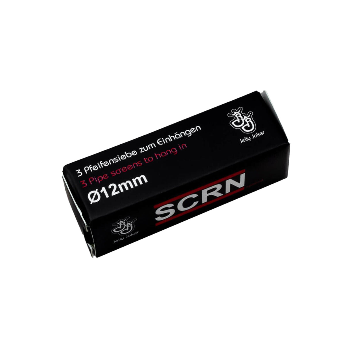 Schwarze Kartonverpackung von den Jelly Joker Einhängesieben. Rechts ist das Logo on Jelly Joker in weiß platziert. Die Verpackung ist beschriftet mit den Informationen zu dem Inhalt. Das Produkt ist auf einem weißen Hintergrund.