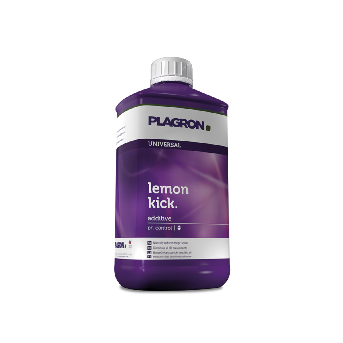 PH-Regulator „Lemon Kick“ für Pflanzen-Anzucht von der Marke PLAGRON. Längliche, rechteckige Kunststoffflasche mit abgerundeten Ecken, einem Etikett und weißem Deckel vor einem weißen Hintergrund.
