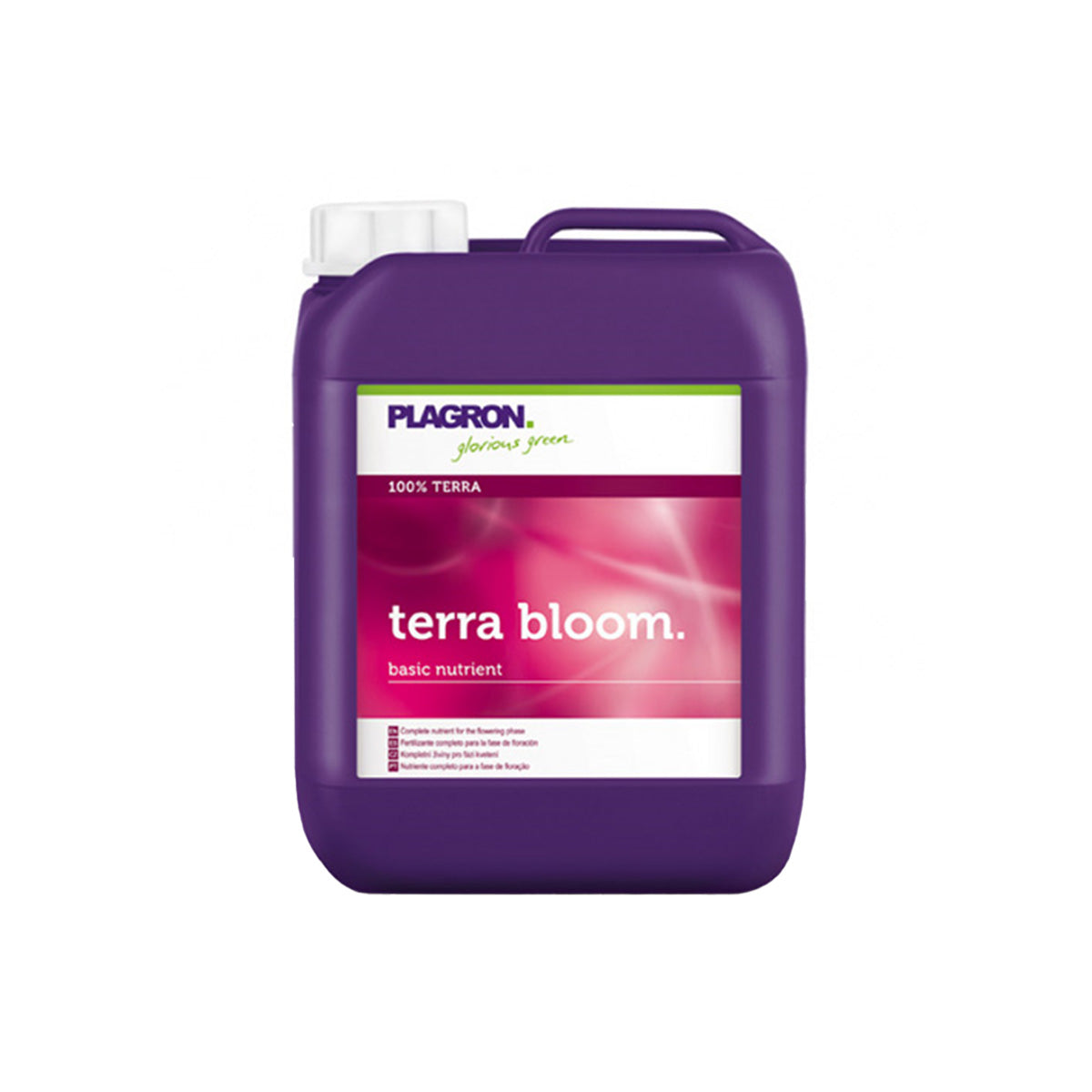 Ein Produktfoto von Terra Bloom von der Marke Plagron. Ein lila Kunststoffbehälter mit einem weißen Deckel, einem rechteckigen Etikett vor einem weißen Hintergrund.