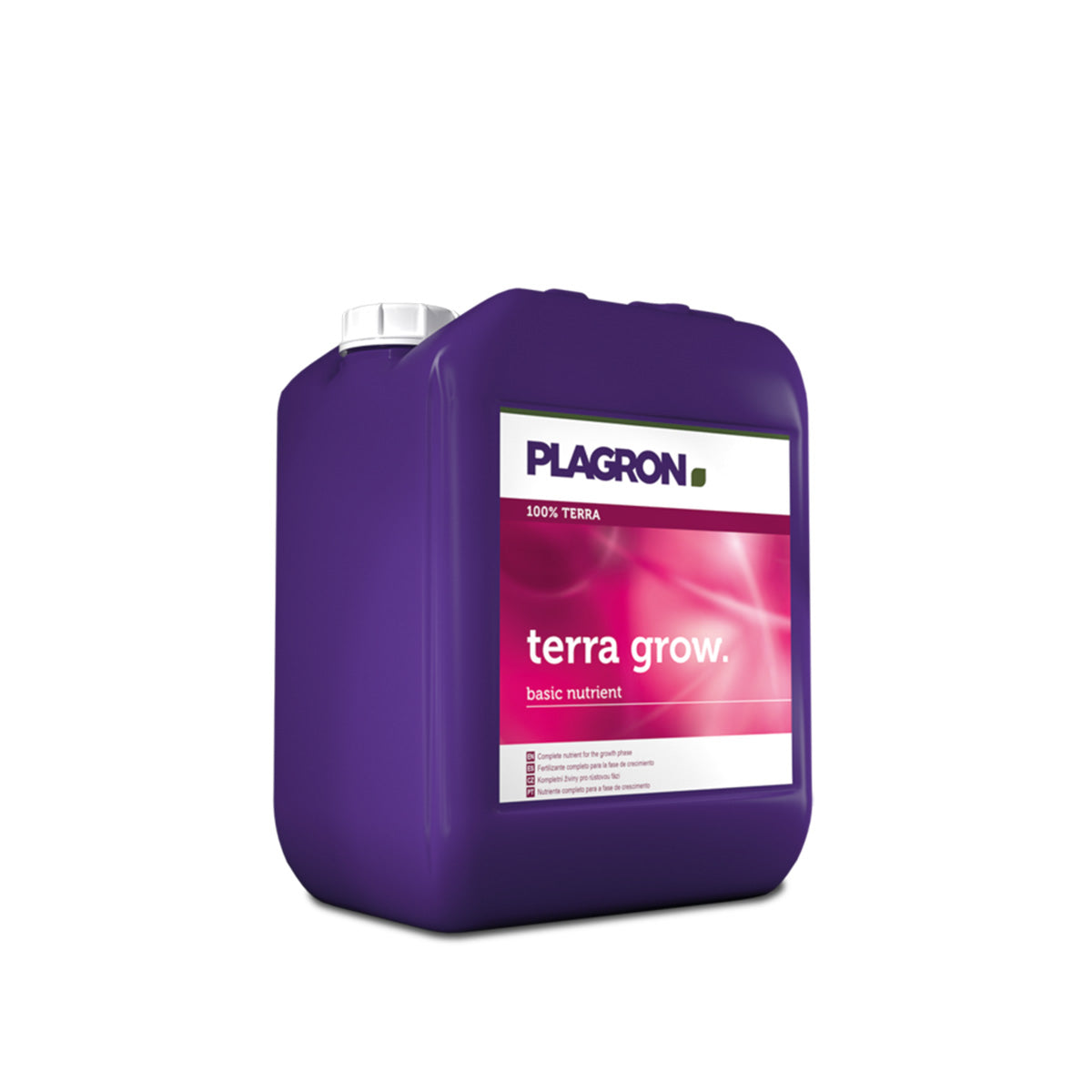 Ein Produktfoto von Terra Grow von der Marke Plagron. Ein lila Kunststoffbehälter mit einem weißen Deckel, einem rechteckigen Etikett vor einem weißen Hintergrund.