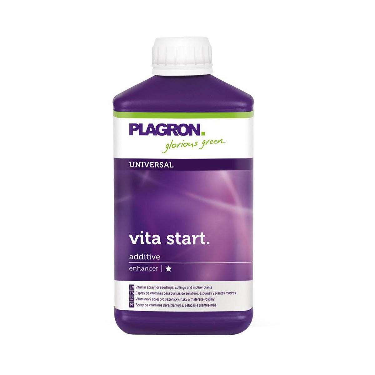 Pflanzenhilfsmittel Vita Start von der Marke Plagron in einem fünfhundert Milliliter Kunststoffbehälter in der Farbe lila und mit einem Etikett versehen vor einem weißen Hintergrund.