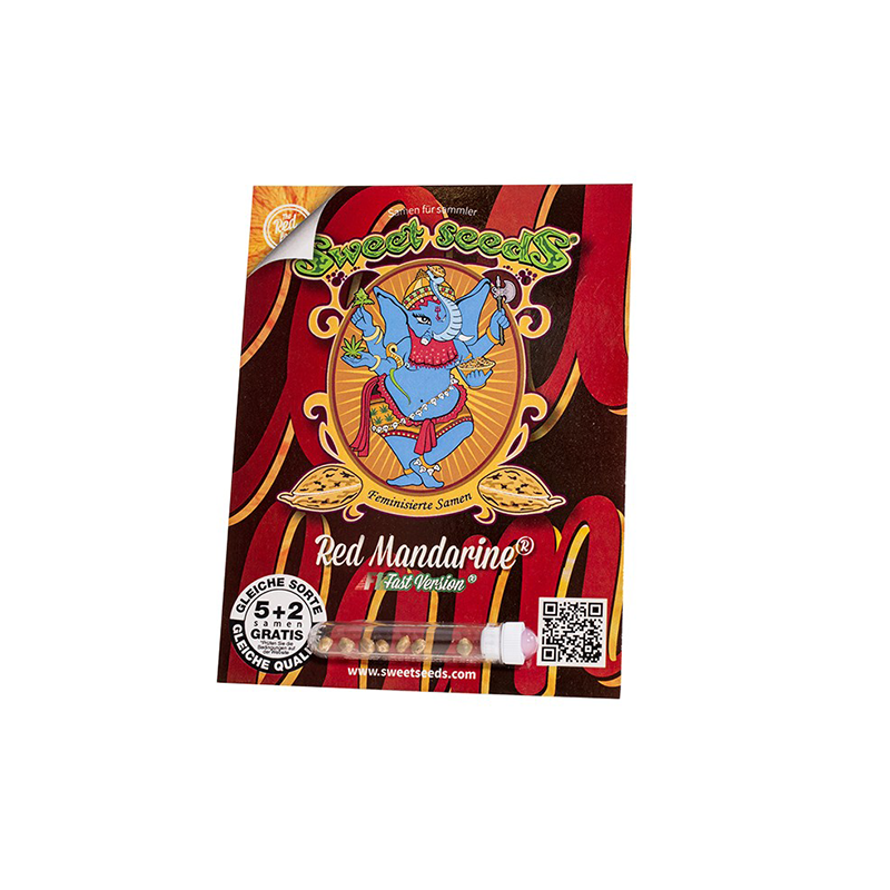 Verpackung der Red Mandarine Hanfsamen von Sweet Seeds. Die Verpackung hat die Farbe rot. Das Logo von Sweet Seeds sitzt zentral und im Fokus drauf. Zu sehen sind sieben kleine Hanfsamen in einer Glasröhre.